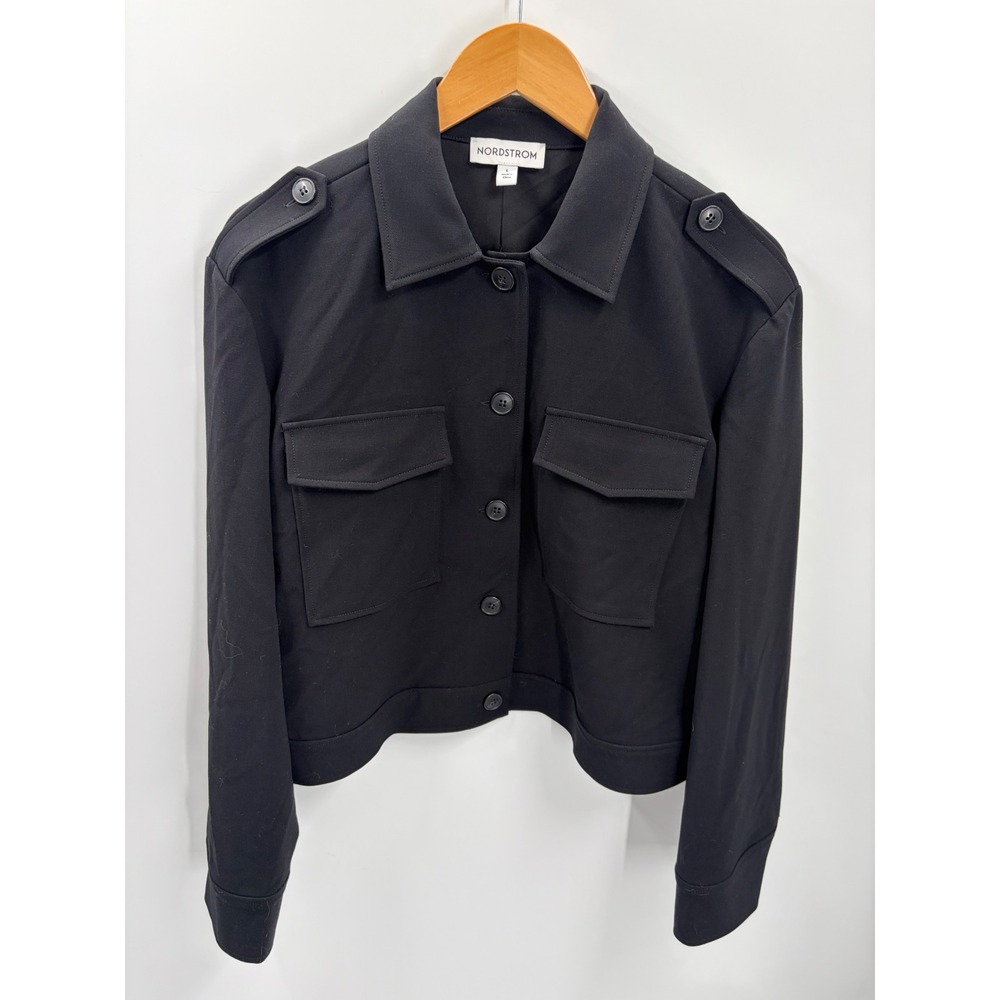 Nordstrom Women Black Cropped Utility Jacket Epaulet Button Front Large - Picture 1 of 7